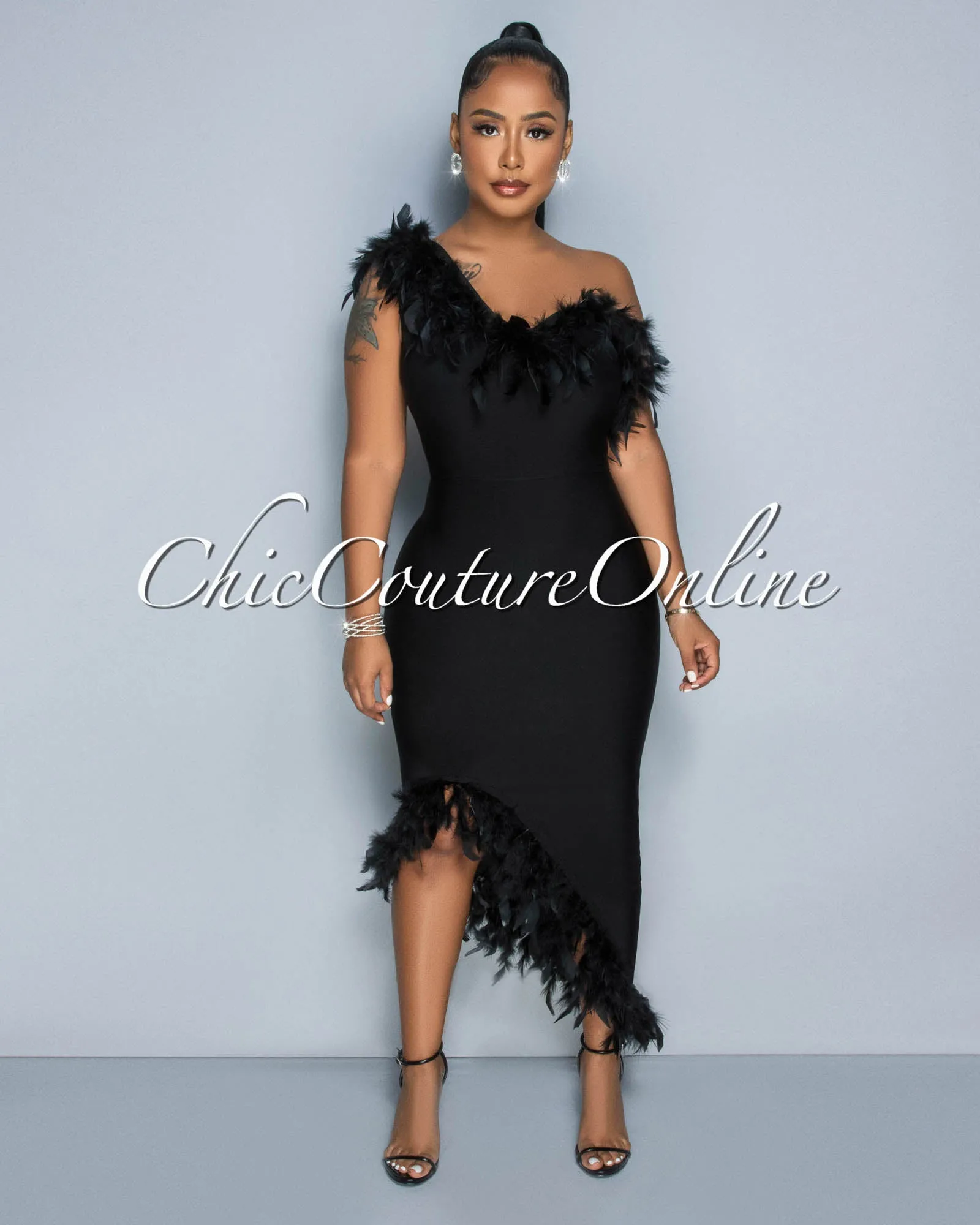 Maverick Black Feather Accent Bandage Midi Dress sold by Chic Couture product image thumbnail 3