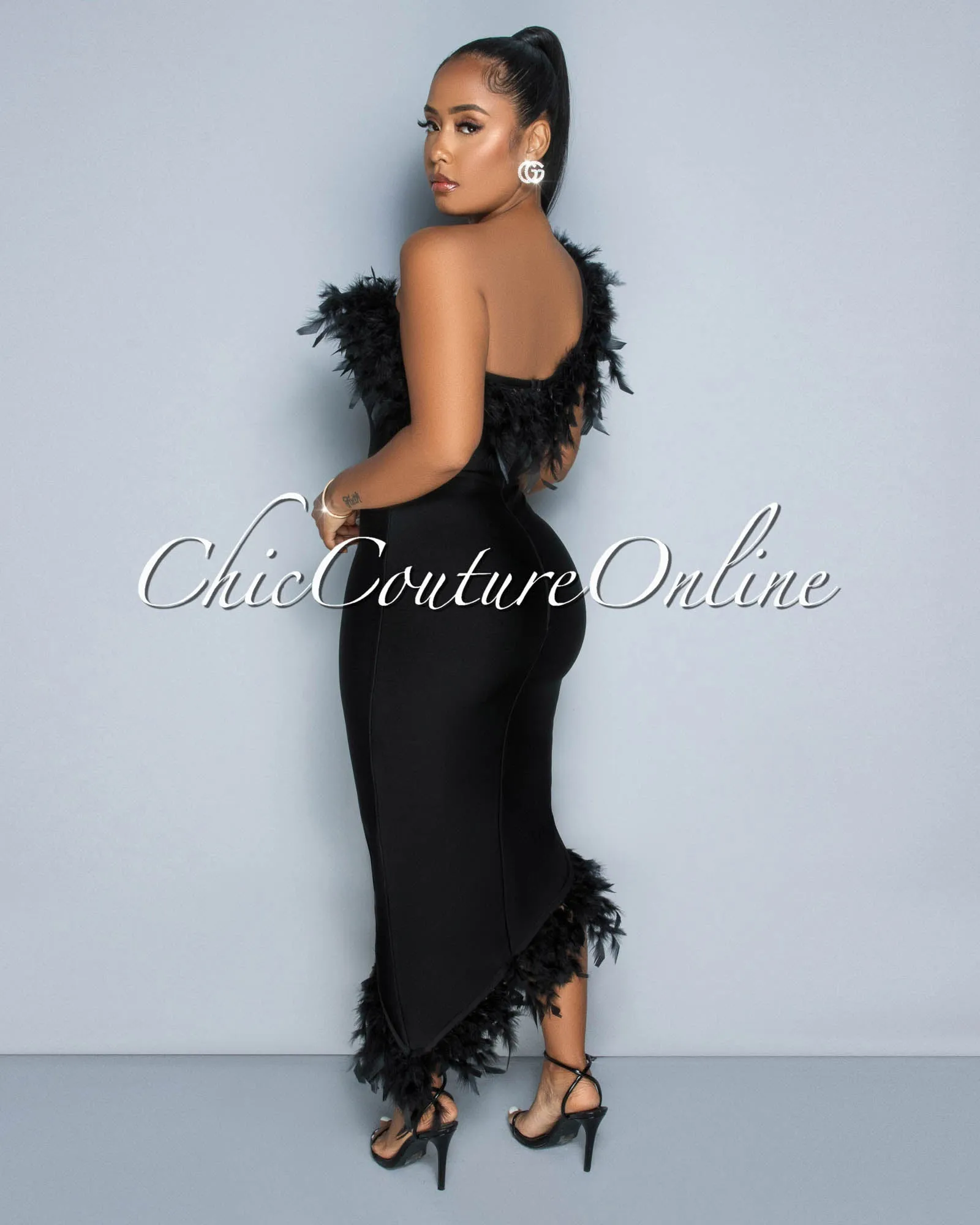 Maverick Black Feather Accent Bandage Midi Dress sold by Chic Couture product image thumbnail 4