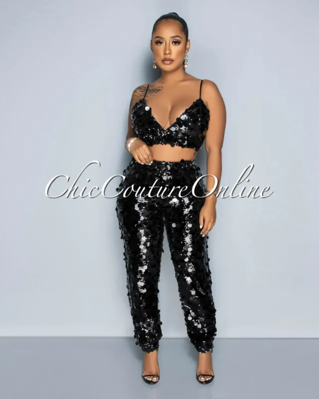 *Bouser Black Iridescent Sequins Crop Top & Pants Set sold by Chic Couture