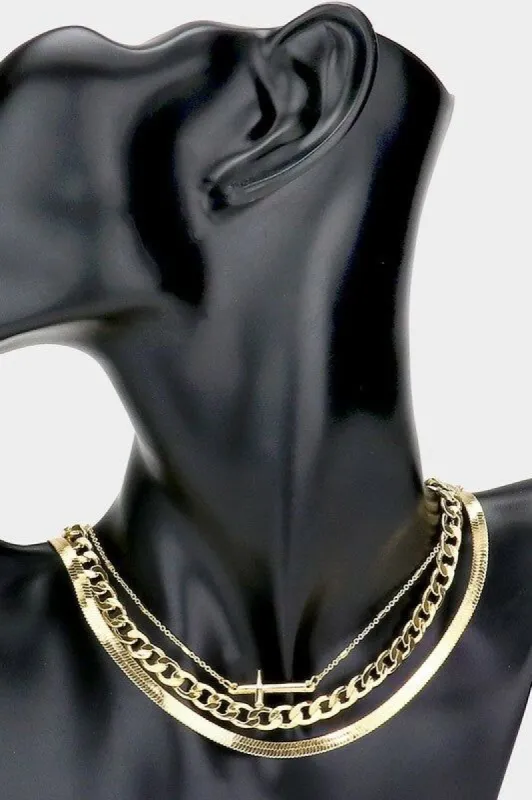 Deena Gold Cross Pendant Triple Necklace sold by chic