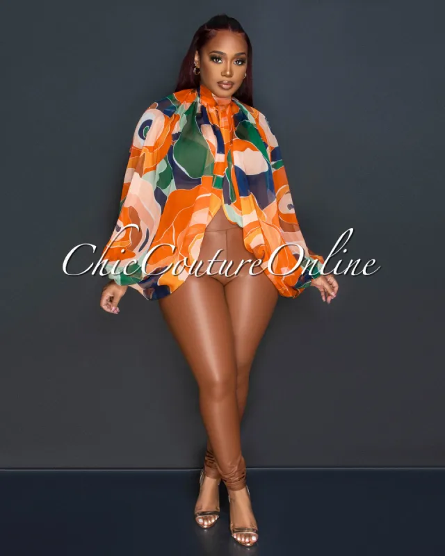 *Neusa Orange Multi-Color Print Sheer Flowy Top sold by Chic Couture
