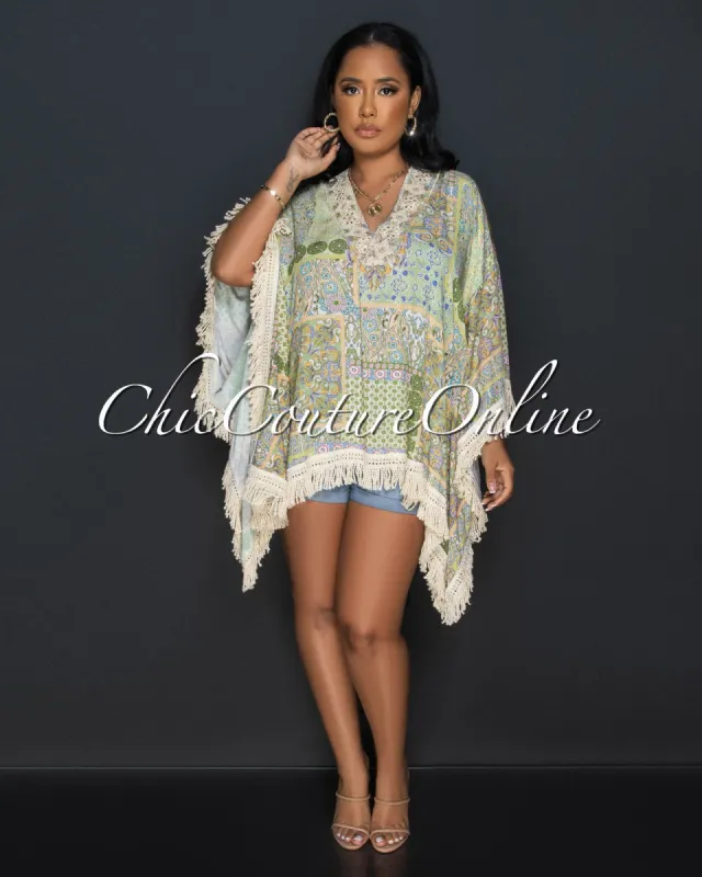 *Layton Nude Green Print Kimono Tassels Top sold by Chic Couture