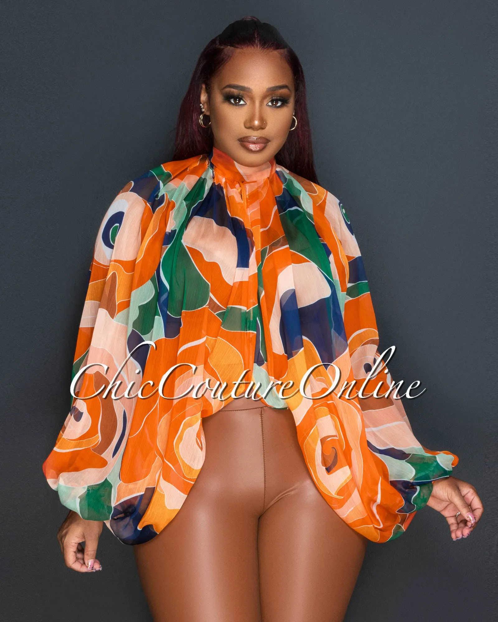 *Neusa Orange Multi-Color Print Sheer Flowy Top sold by Chic Couture product image thumbnail 4