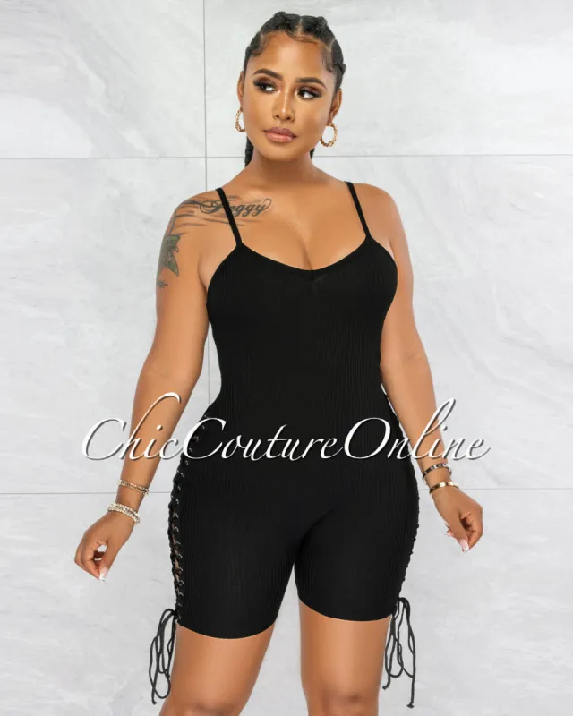 *Larmine Black Ribbed Lace-Up Sides Romper sold by Chic Couture