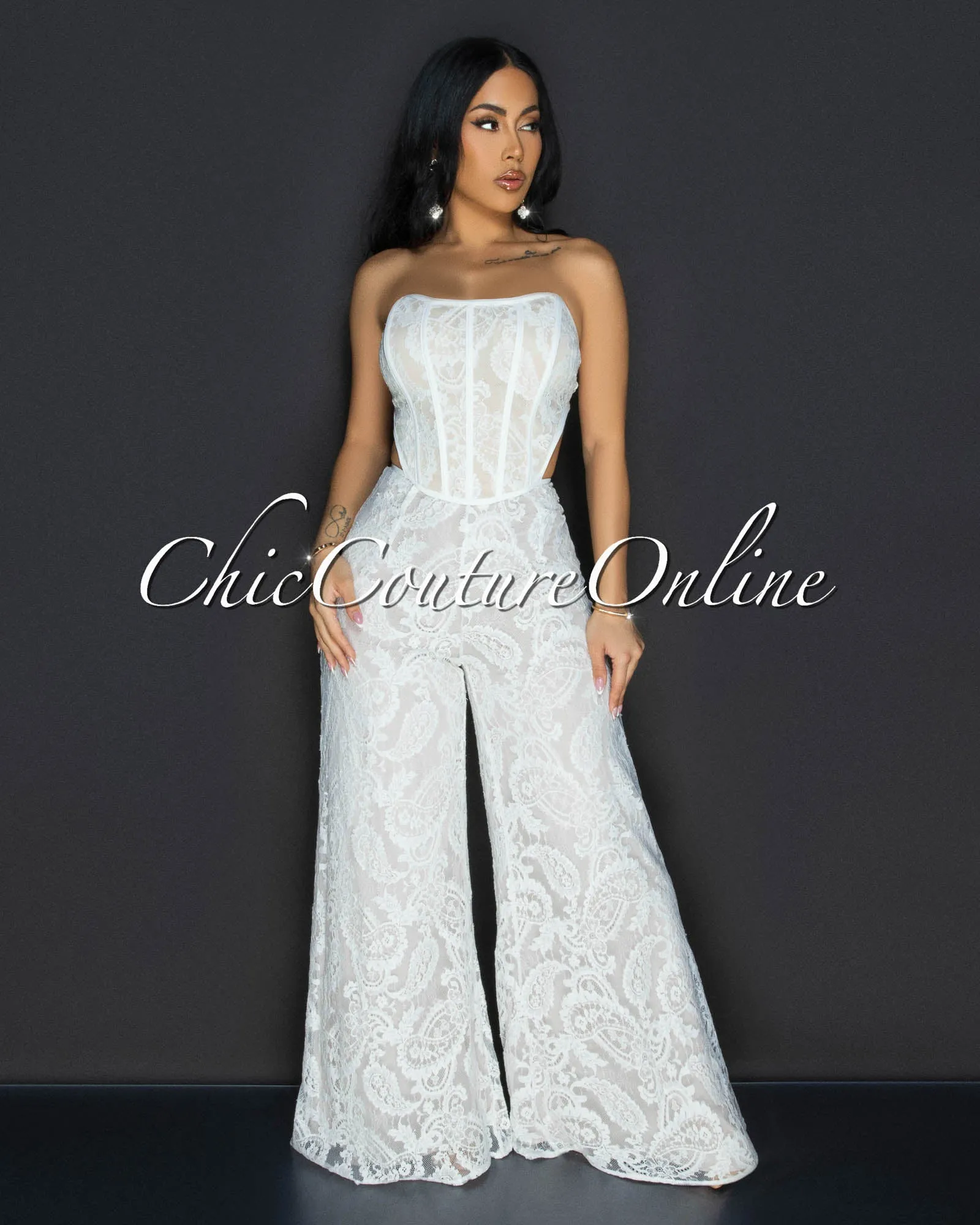 *Ayane Off-White Lace Bustier Jumpsuit sold by Chic Couture product image thumbnail 3