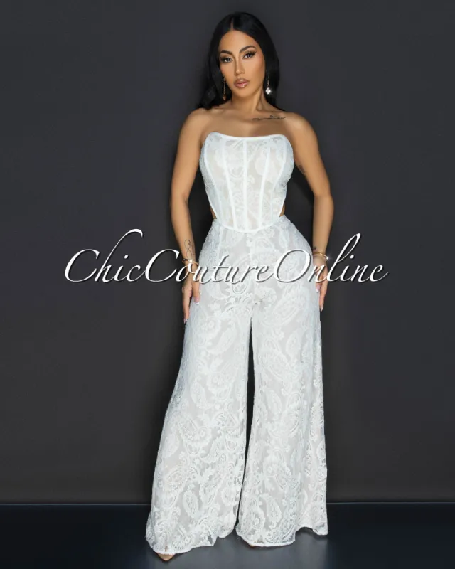 Ayane Off-White Lace Bustier Jumpsuit sold by Chic Couture
