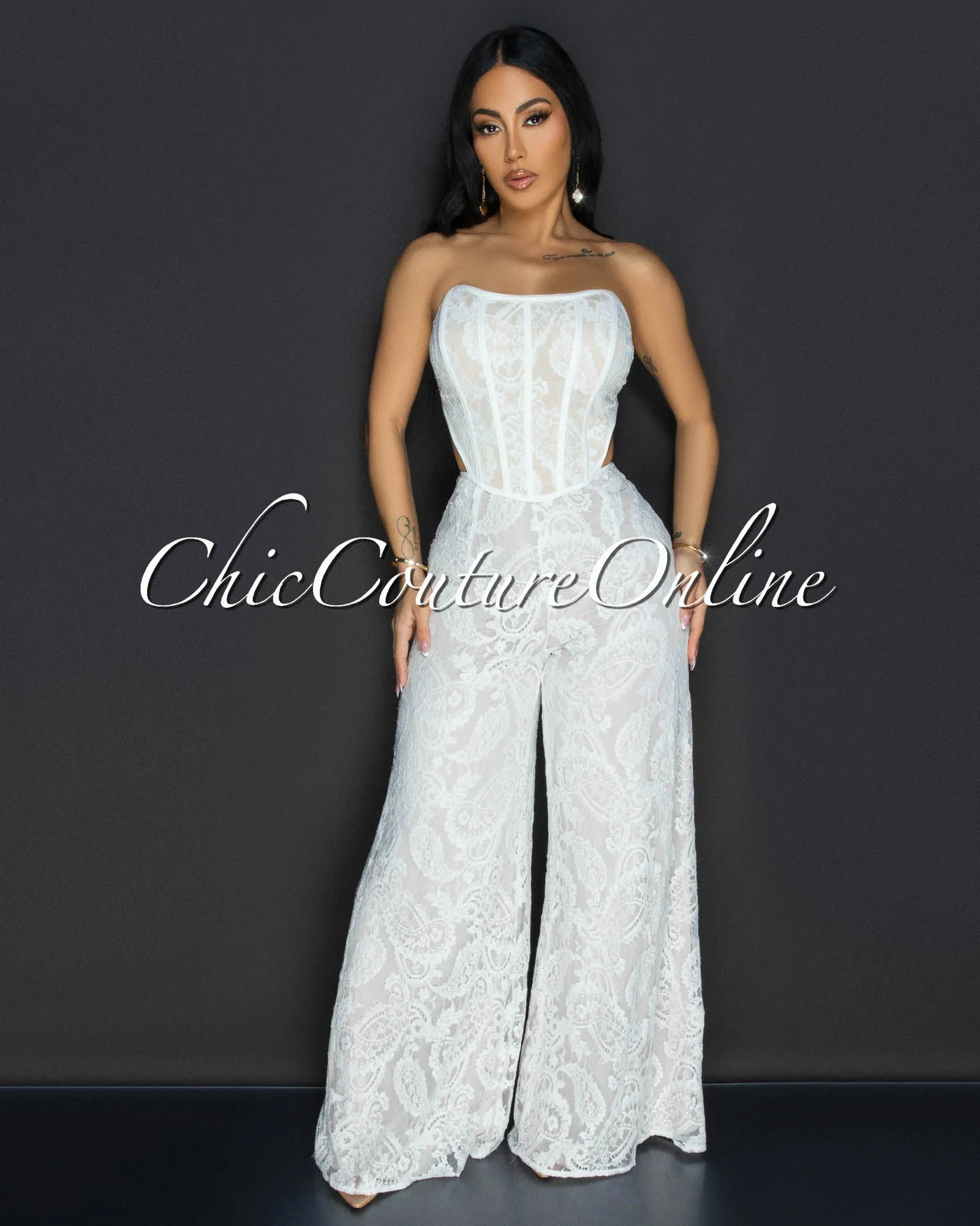 *Ayane Off-White Lace Bustier Jumpsuit sold by Chic Couture
