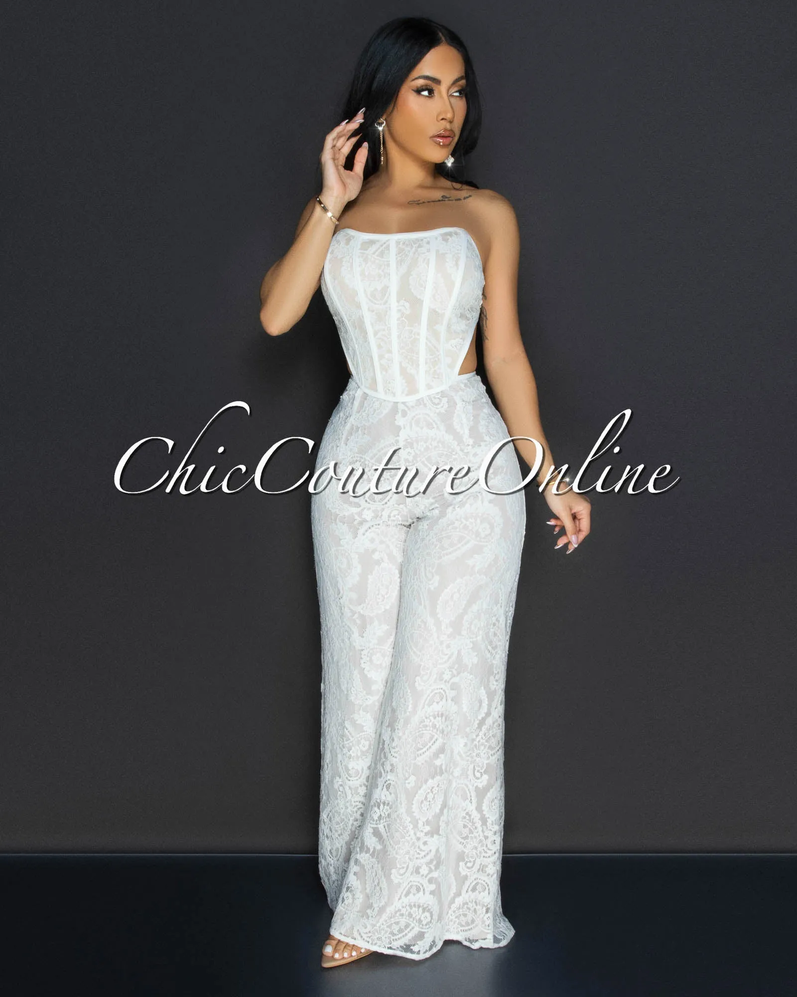 *Ayane Off-White Lace Bustier Jumpsuit sold by Chic Couture product image thumbnail 2