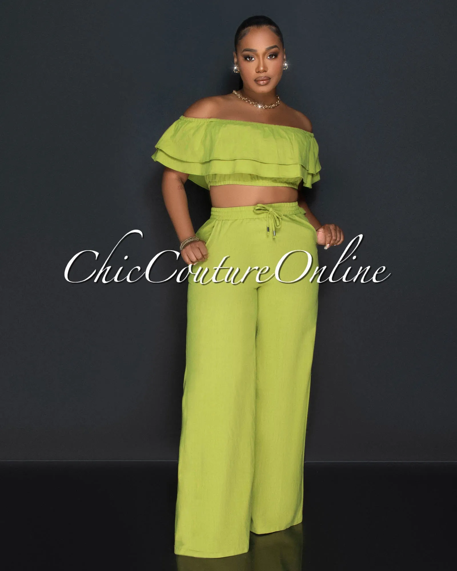 Yuri Olive Green Ruffle Crop Top & Wide Pants Set sold by Chic Couture product image thumbnail 3