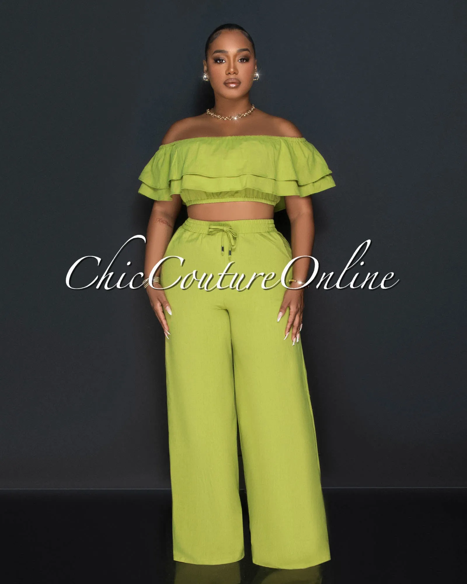 Yuri Olive Green Ruffle Crop Top & Wide Pants Set sold by Chic Couture product image thumbnail 2