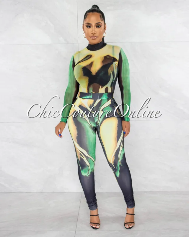 Emany Black Green Sheer Bodysuit & Leggings Set sold by chic