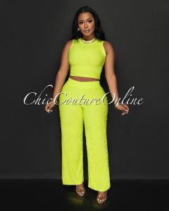 Katye Lime Front Crop Top & Wide Pants Textured Set sold by Chic Couture