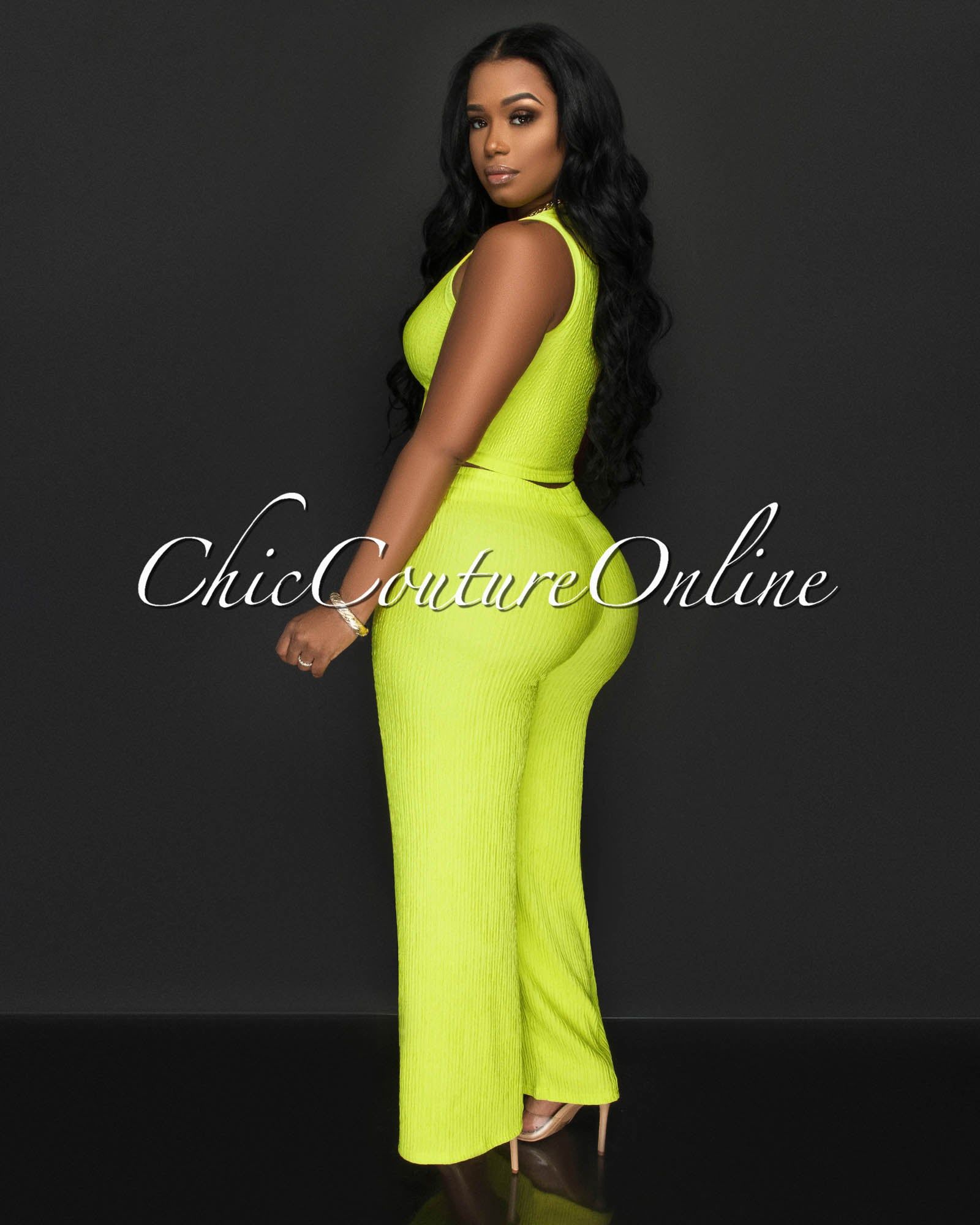 Katye Lime Front Crop Top & Wide Pants Textured Set sold by Chic Couture product image thumbnail 3