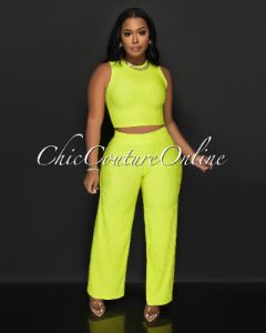 Katye Lime Front Crop Top & Wide Pants Textured Set sold by Chic Couture