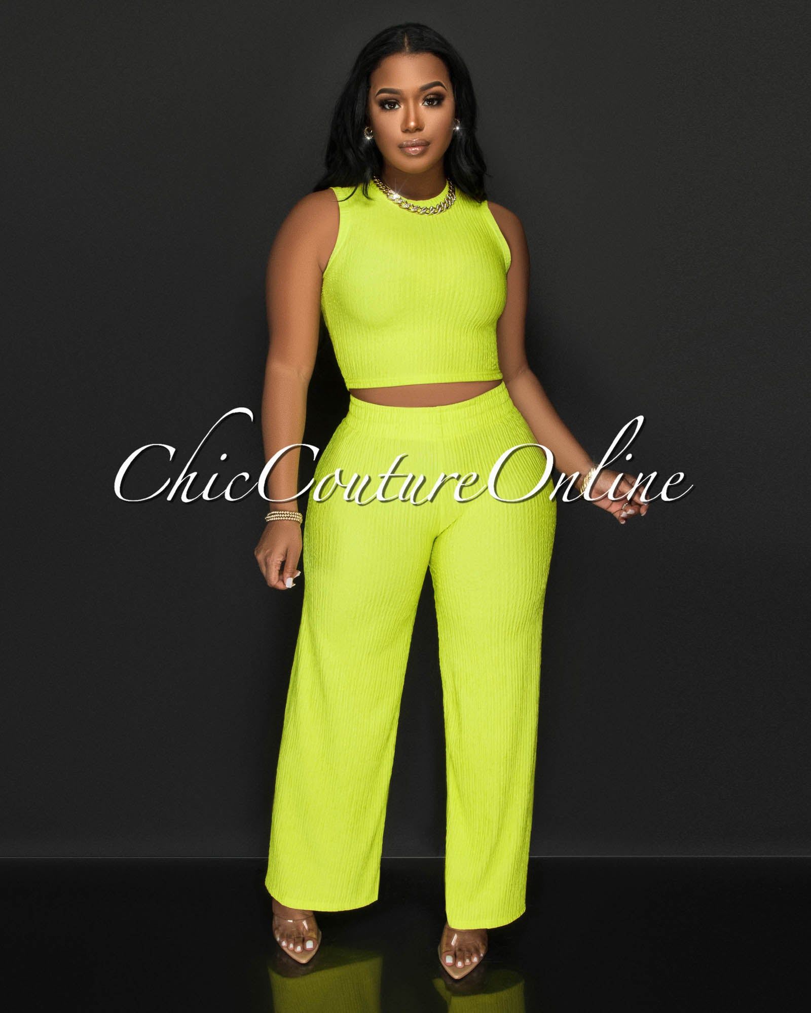 Katye Lime Front Crop Top & Wide Pants Textured Set sold by Chic Couture product image thumbnail 2