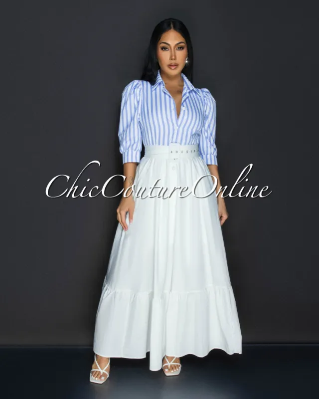 Liza Blue Stripes White Belted Ruffle Maxi Dress sold by Chic Couture