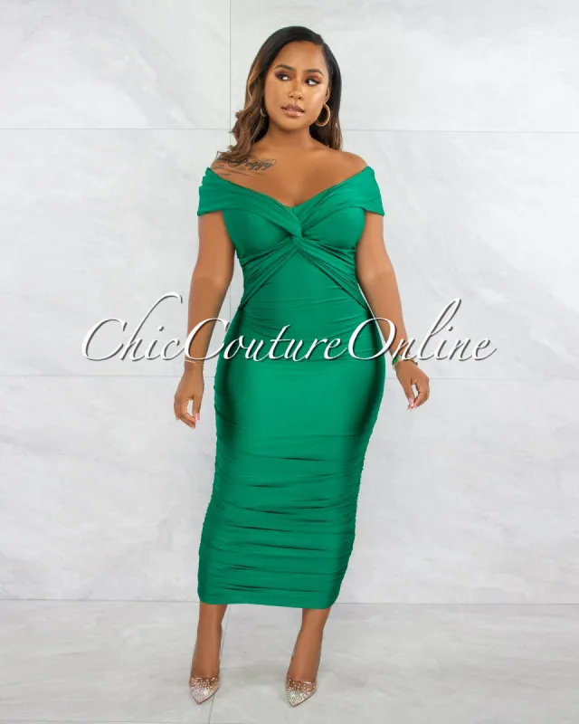 Pippa Green Crossed Bust Ruched Midi Dress sold by Chic Couture