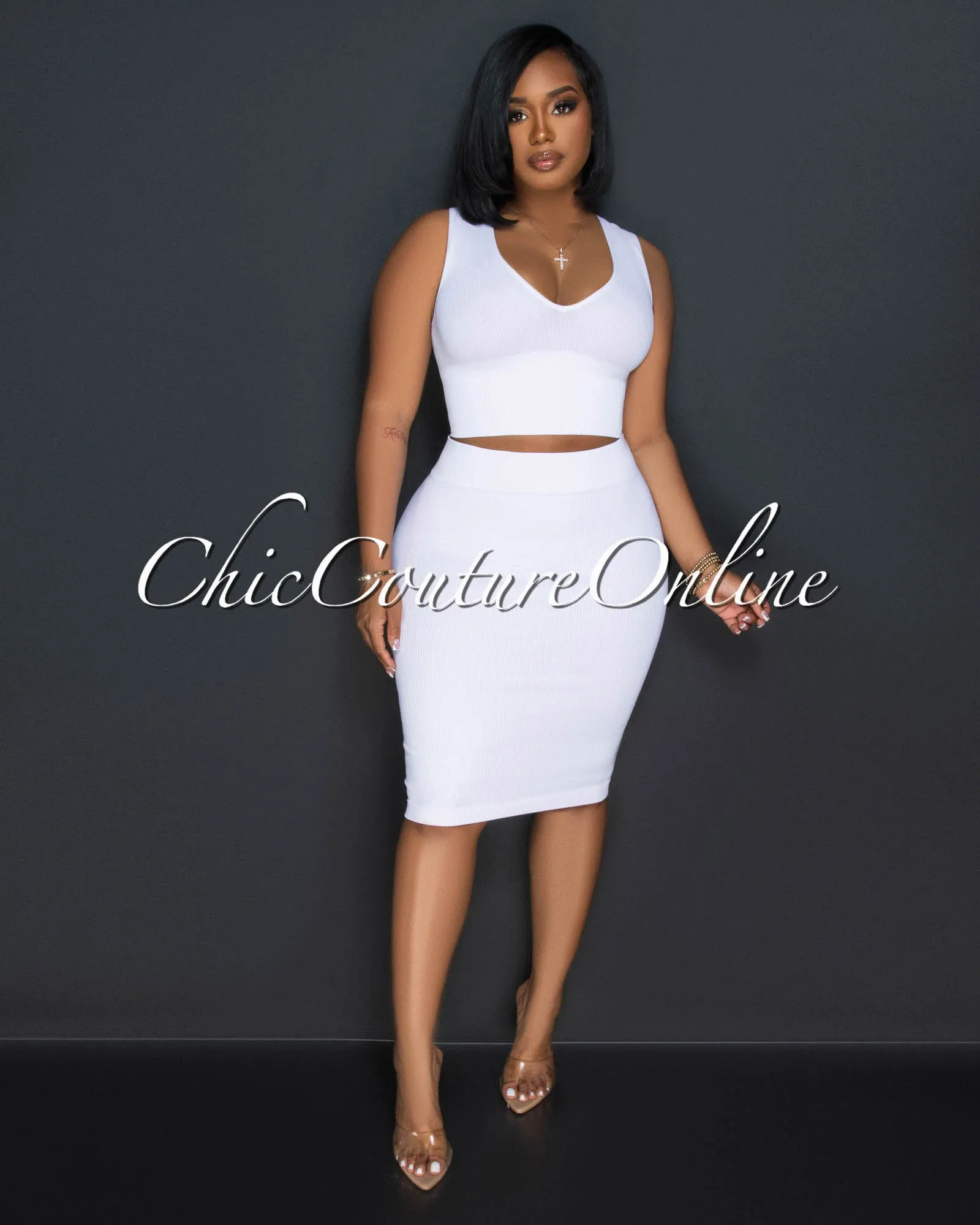 Ebanks White Ribbed SCULPTING Crop Top & Skirt Set sold by Chic Couture product image thumbnail 2