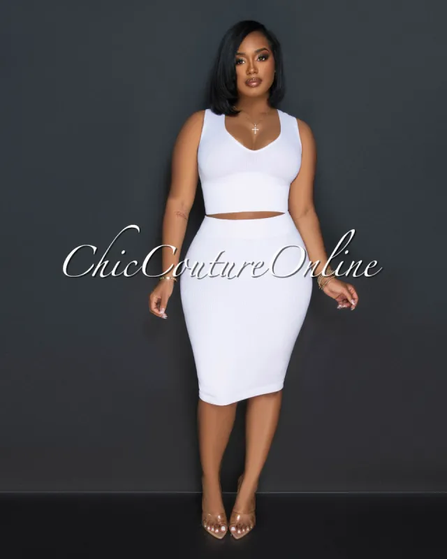 Ebanks White Ribbed SCULPTING Crop Top & Skirt Set sold by Chic Couture