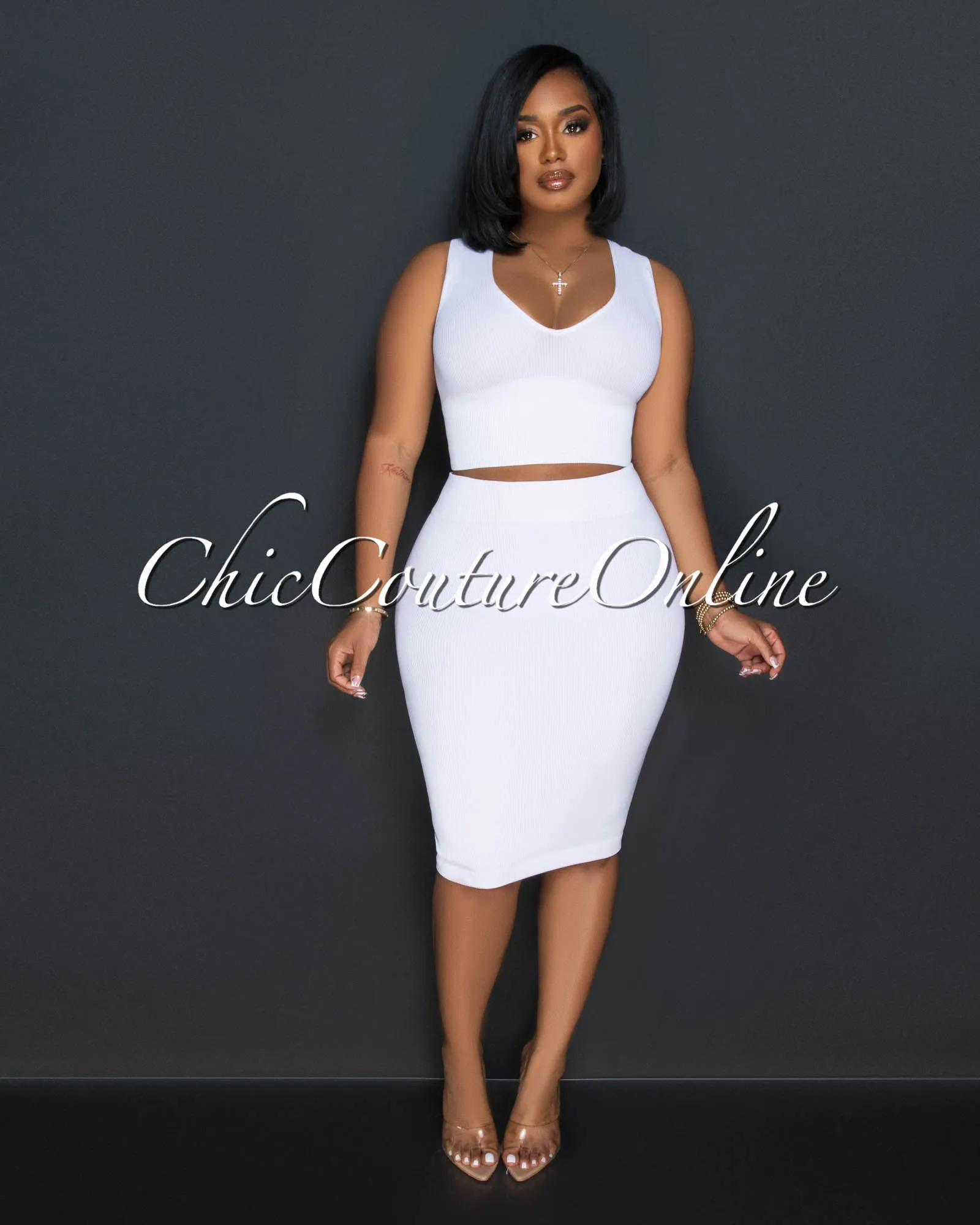 Ebanks White Ribbed SCULPTING Crop Top & Skirt Set sold by Chic Couture