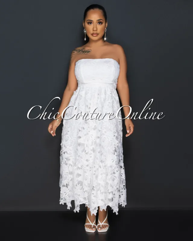 *Castie Off White Crochet Ruffle Hem Strapless Maxi Dress sold by Chic Couture