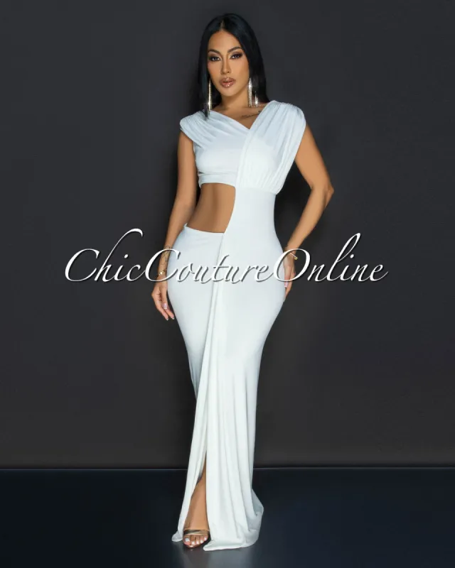 Violi White Off Shoulder Cut Out Maxi Dress sold by Chic Couture