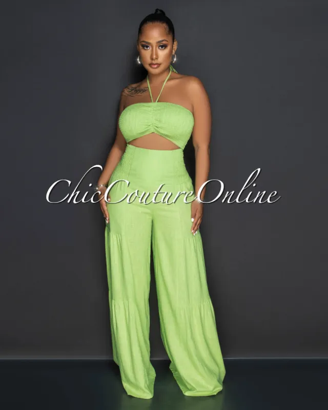*Yolanda Lime Smocked Crop Top & Wide Pants Linen Set sold by Chic Couture
