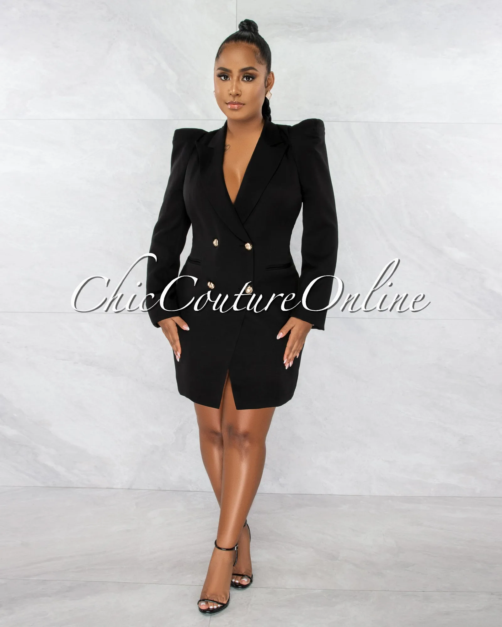 *Monica Black Bubble Sleeves Gold Buttons Trench Dress sold by Chic Couture product image thumbnail 2