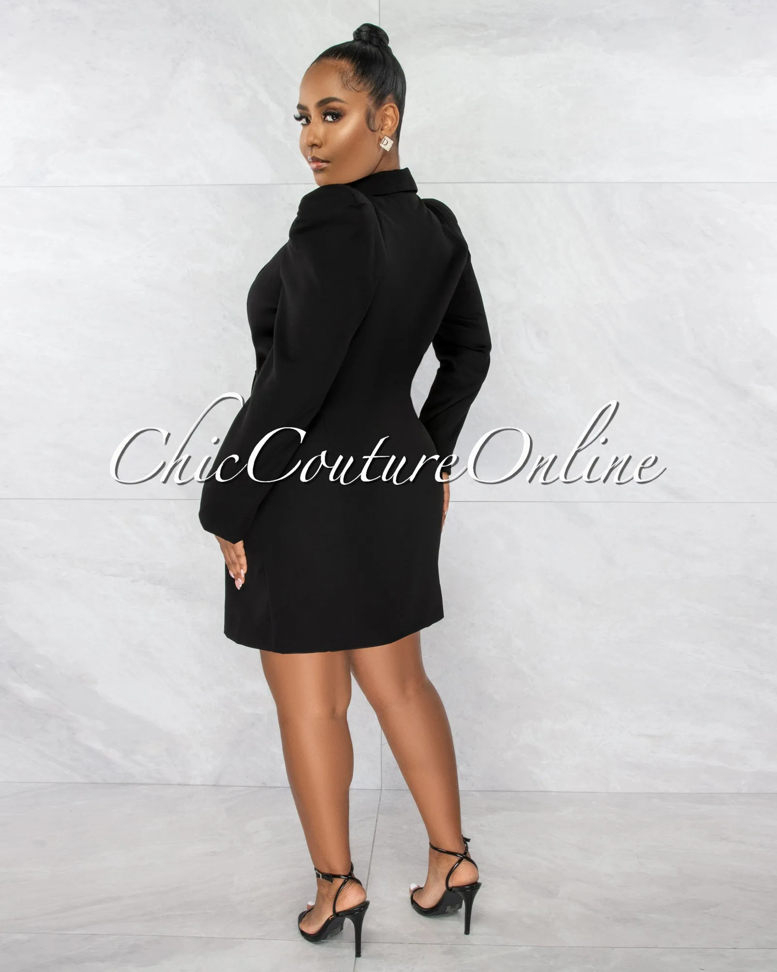 *Monica Black Bubble Sleeves Gold Buttons Trench Dress sold by Chic Couture product image thumbnail 4