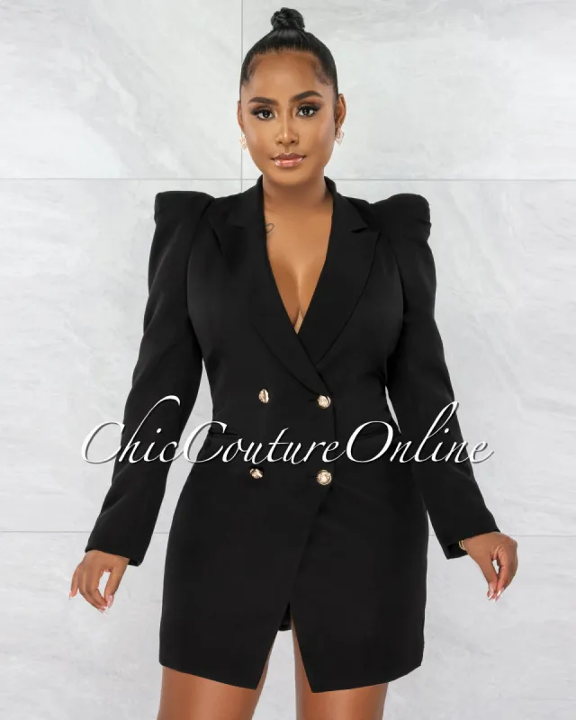 *Monica Black Bubble Sleeves Gold Buttons Trench Dress sold by Chic Couture