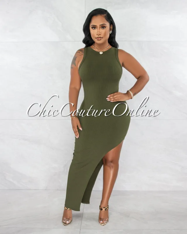 *Dionne Olive Green Ribbed Side Slit Maxi Dress sold by Chic Couture