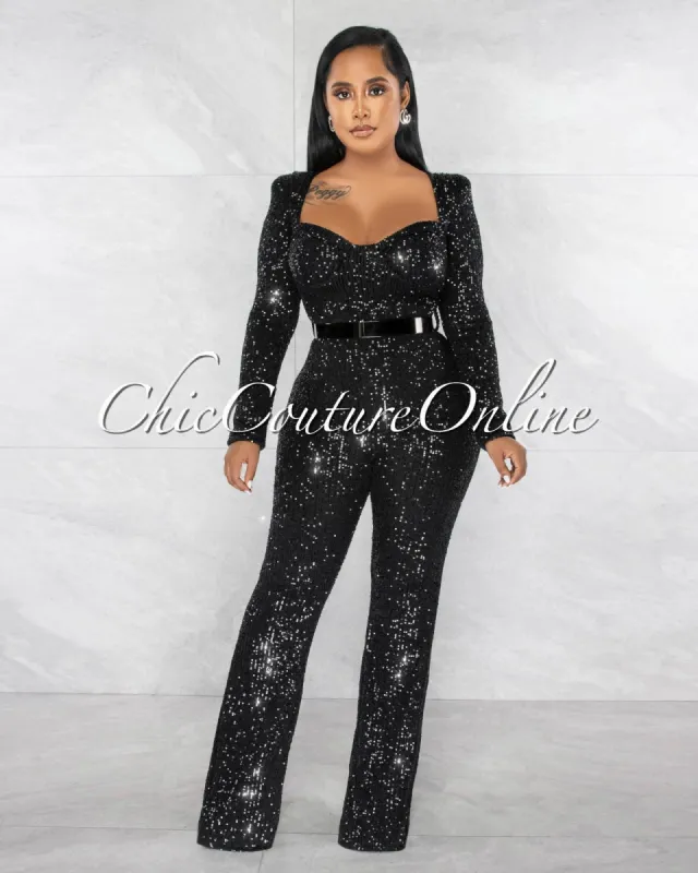 Cooner Black Sequins Black Bendable Belt Jumpsuit sold by chic