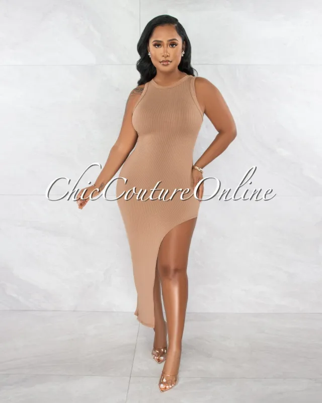 Dionne Mocha Ribbed Side Slit Maxi Dress sold by chic