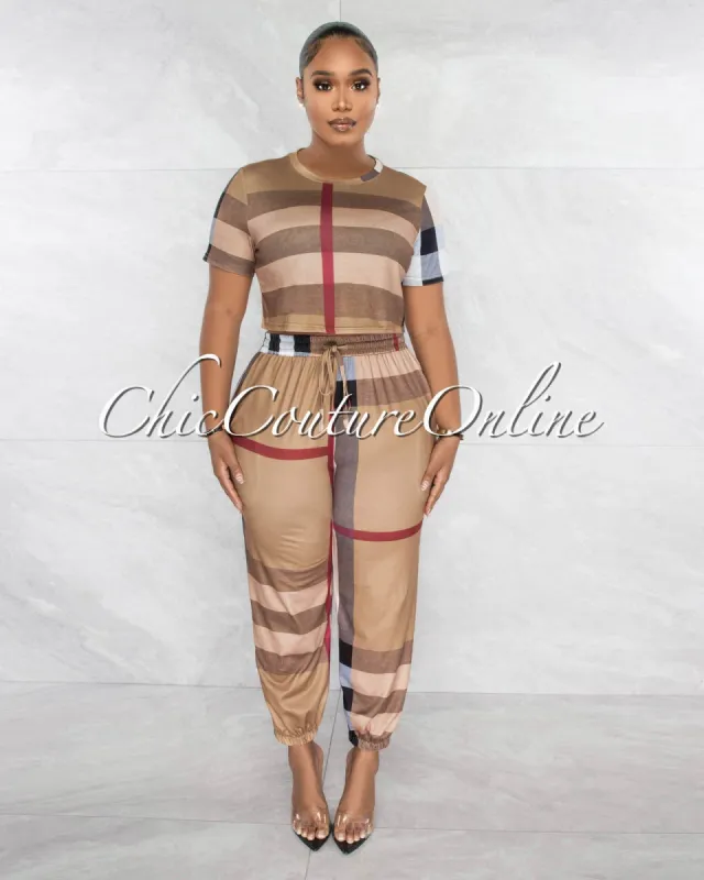 Camillie Camel Plaid Print Crop Top & Jogger Set sold by Chic Couture