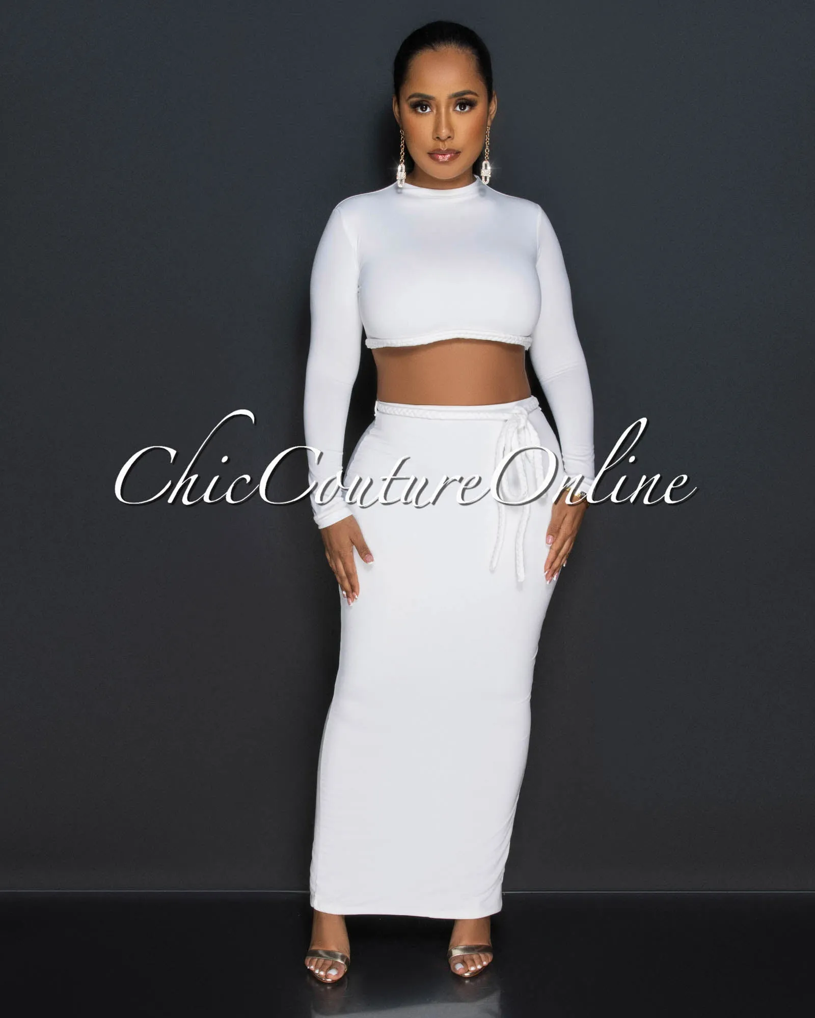 Fanny Off-White Braid Accent Crop Top & Maxi Skirt Set sold by Chic Couture