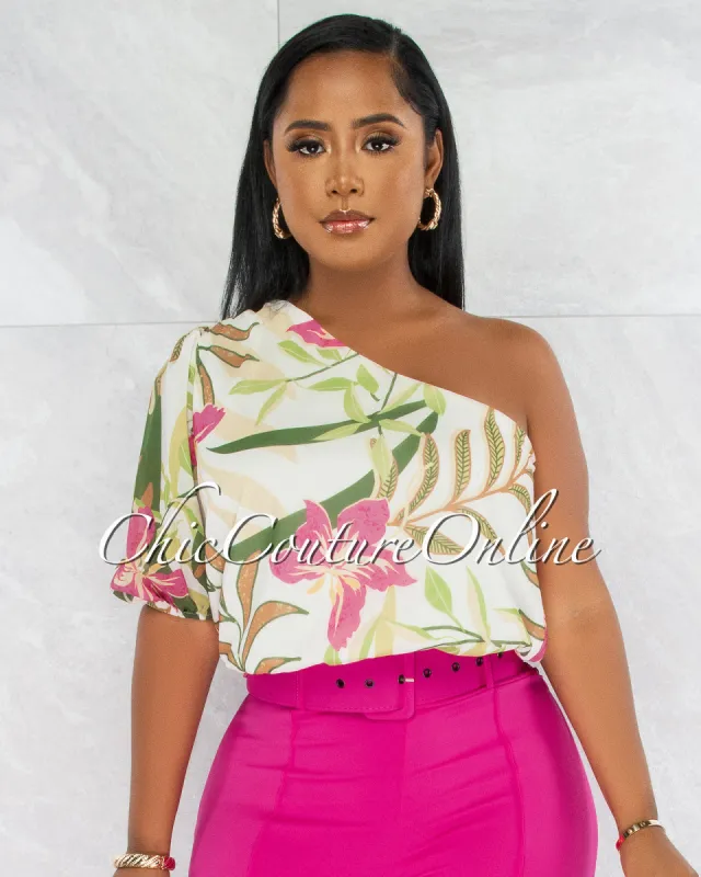 *Araceli Ivory Floral Print Single Shoulder Crop Top sold by Chic Couture