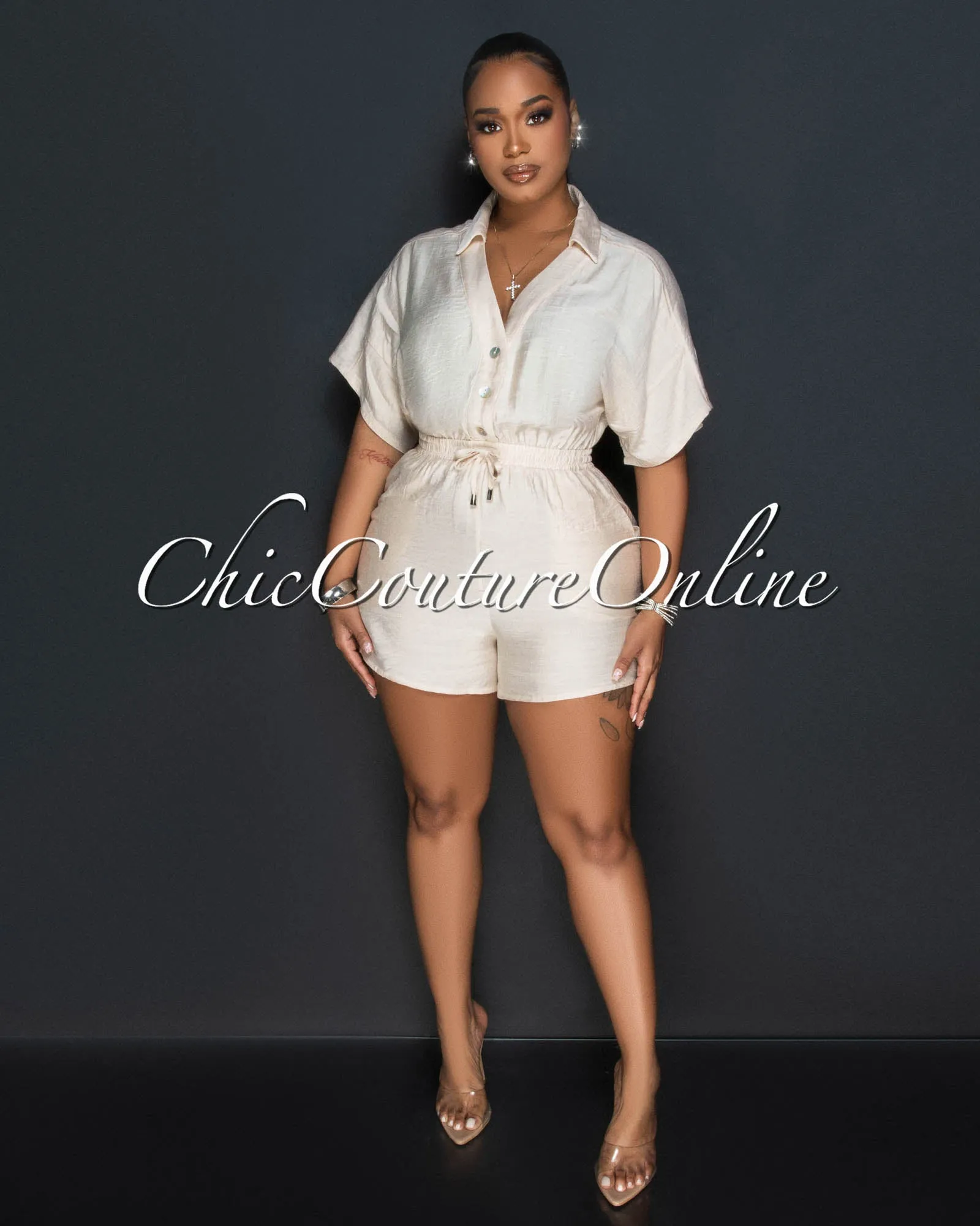 *Fausta Nude Front Buttons Utility Romper sold by Chic Couture product image thumbnail 2