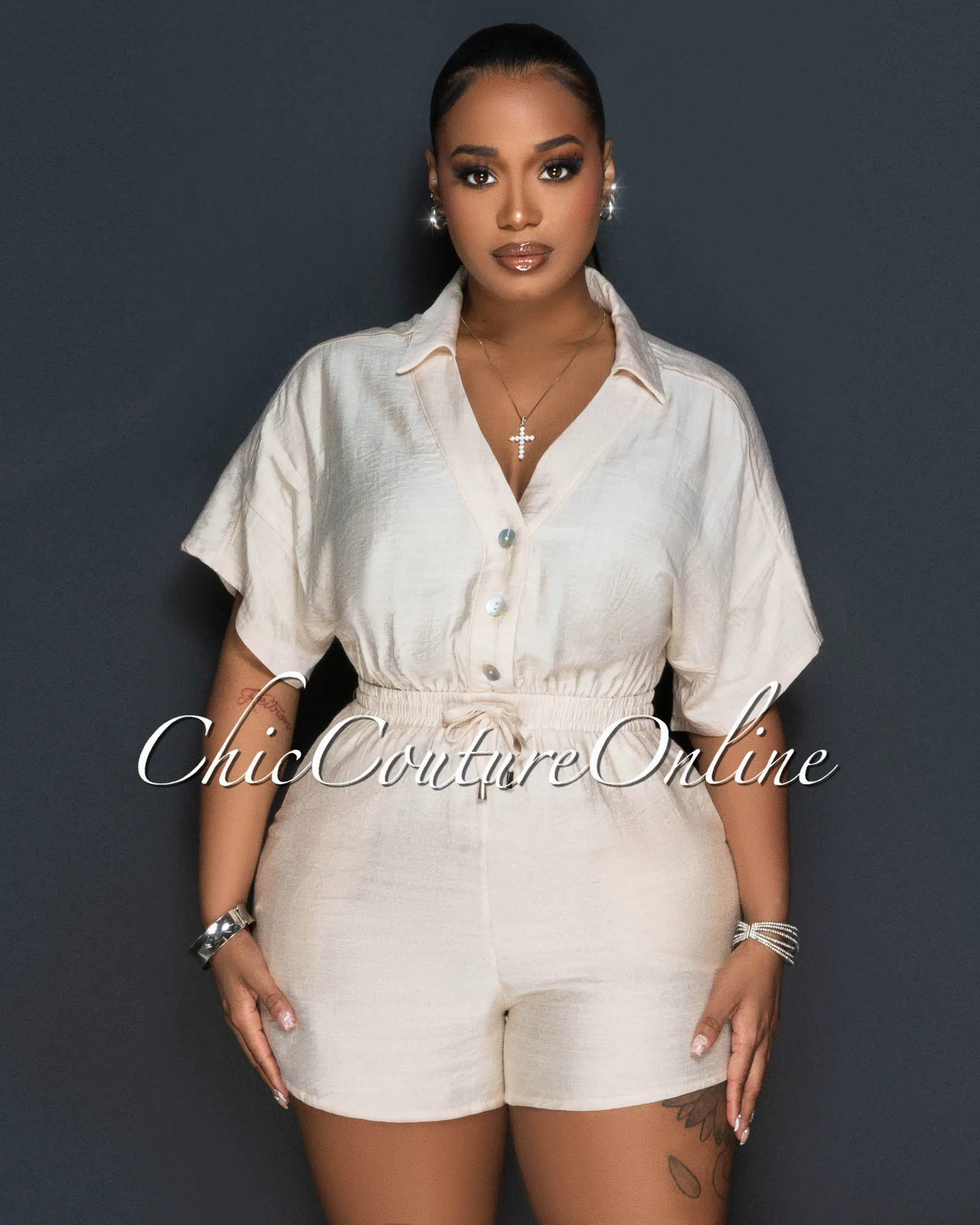 *Fausta Nude Front Buttons Utility Romper sold by Chic Couture product image thumbnail 4