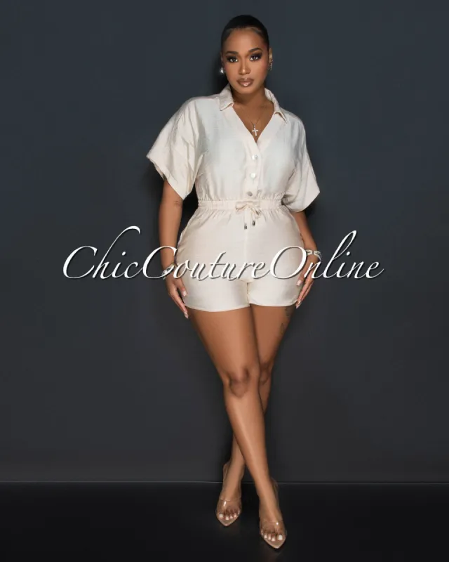 *Fausta Nude Front Buttons Utility Romper sold by Chic Couture