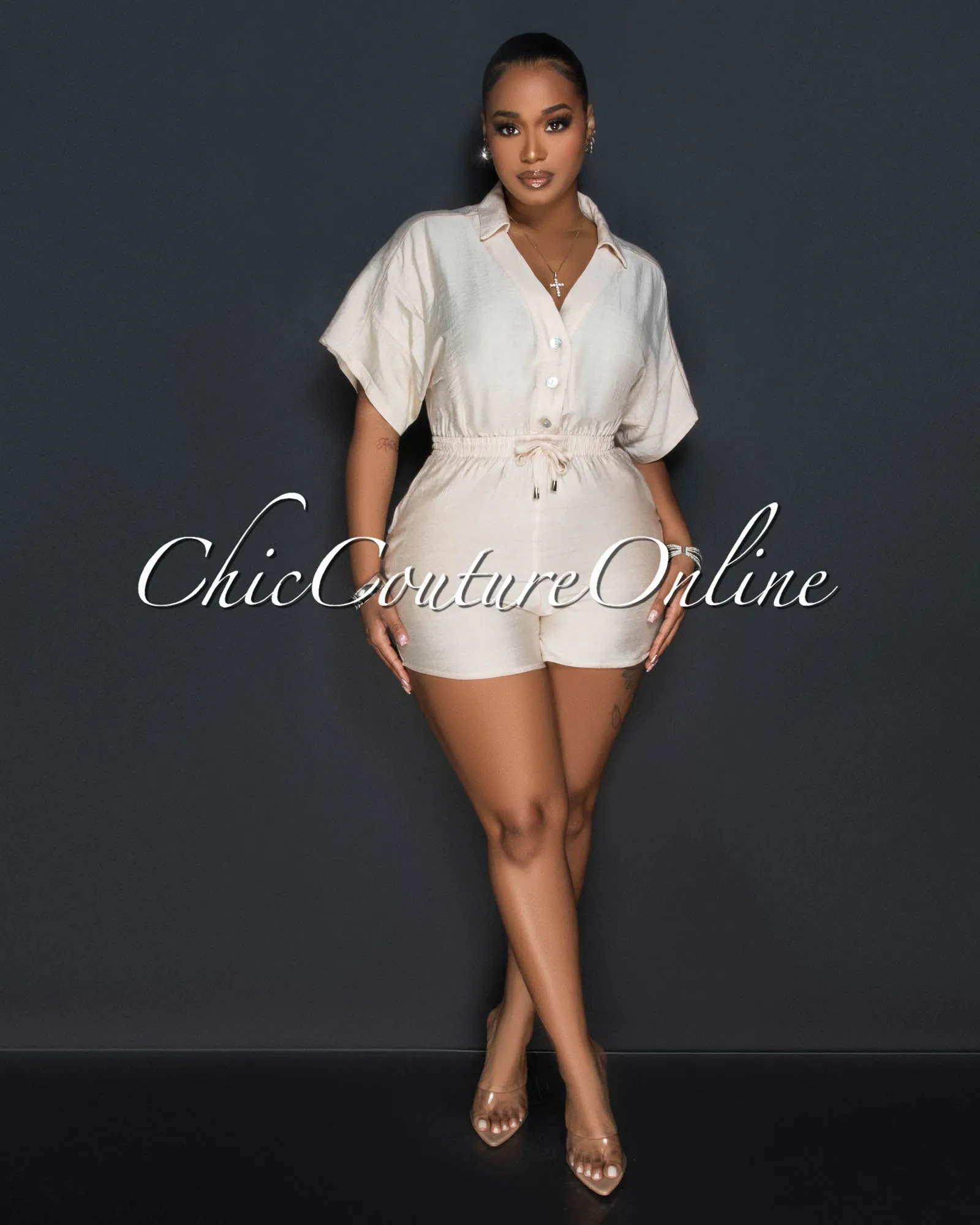*Fausta Nude Front Buttons Utility Romper sold by Chic Couture