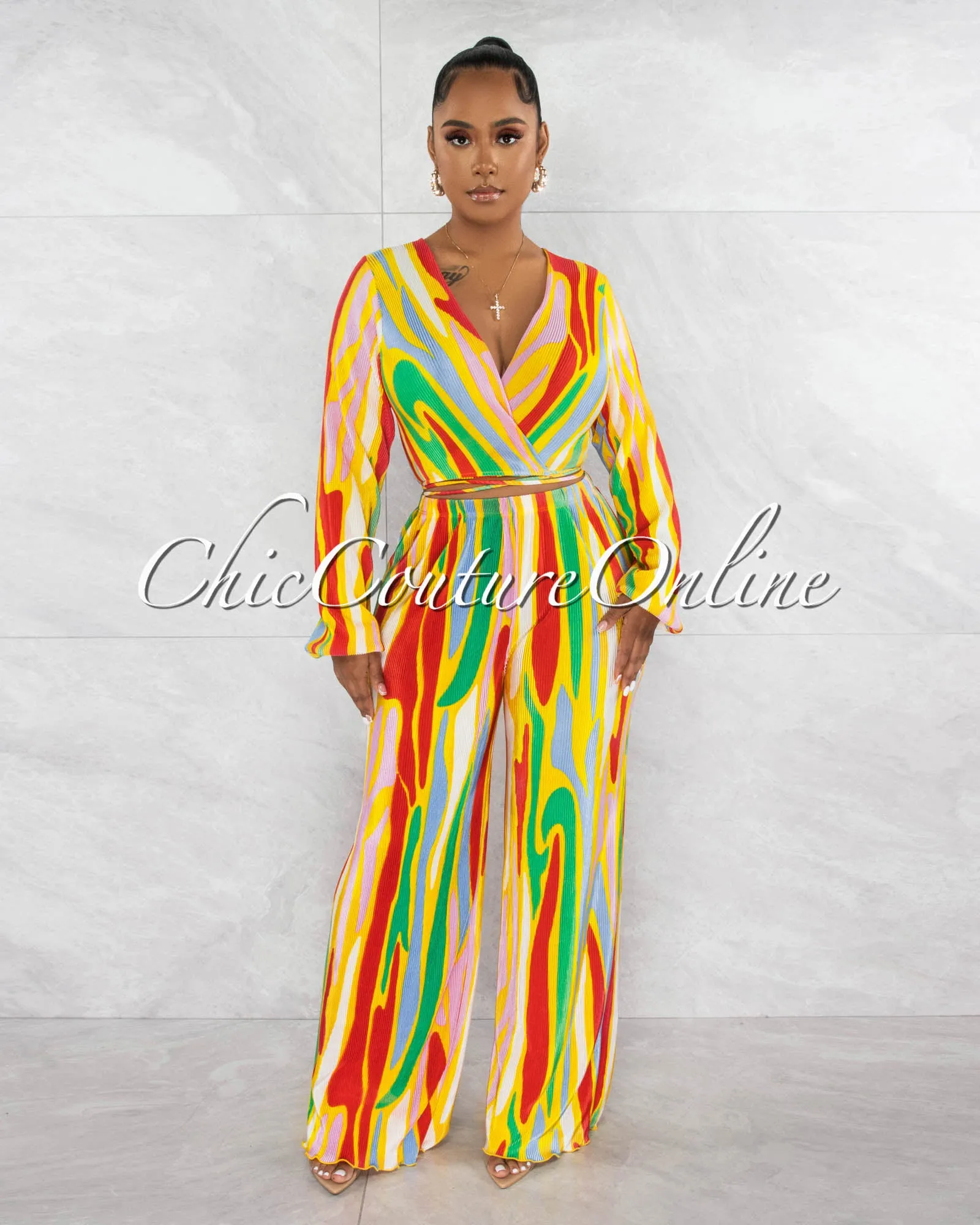 *Imala Green Yellow Print Ribbed Crop Top & Wide Pants Set sold by Chic Couture product image thumbnail 2