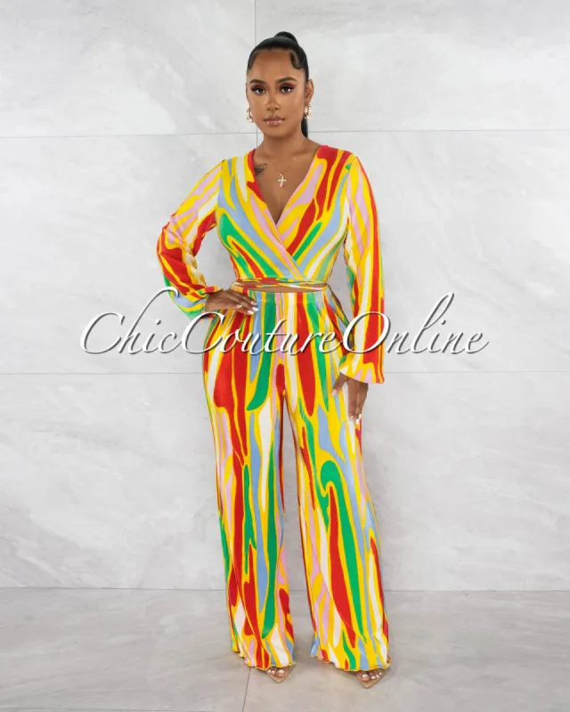 *Imala Green Yellow Print Ribbed Crop Top & Wide Pants Set sold by Chic Couture