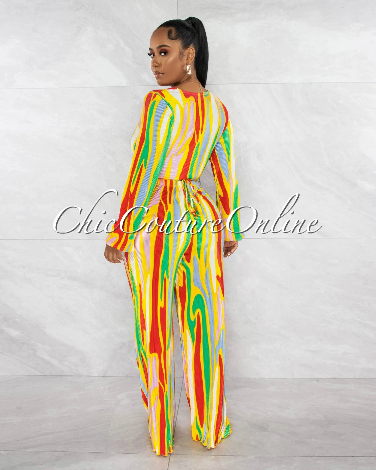 *Imala Green Yellow Print Ribbed Crop Top & Wide Pants Set sold by Chic Couture product image thumbnail 3