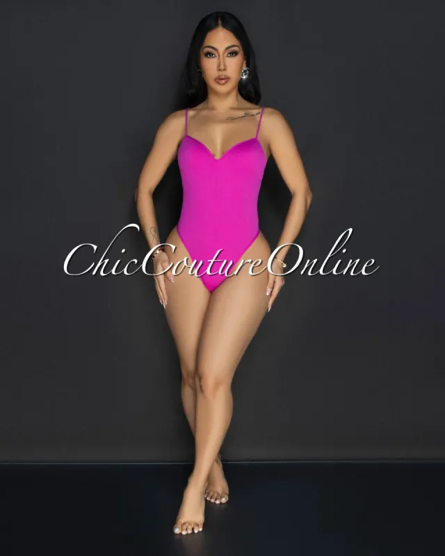 Toniya Fuchsia Ribbed Body-Con Bodysuit sold by Chic Couture