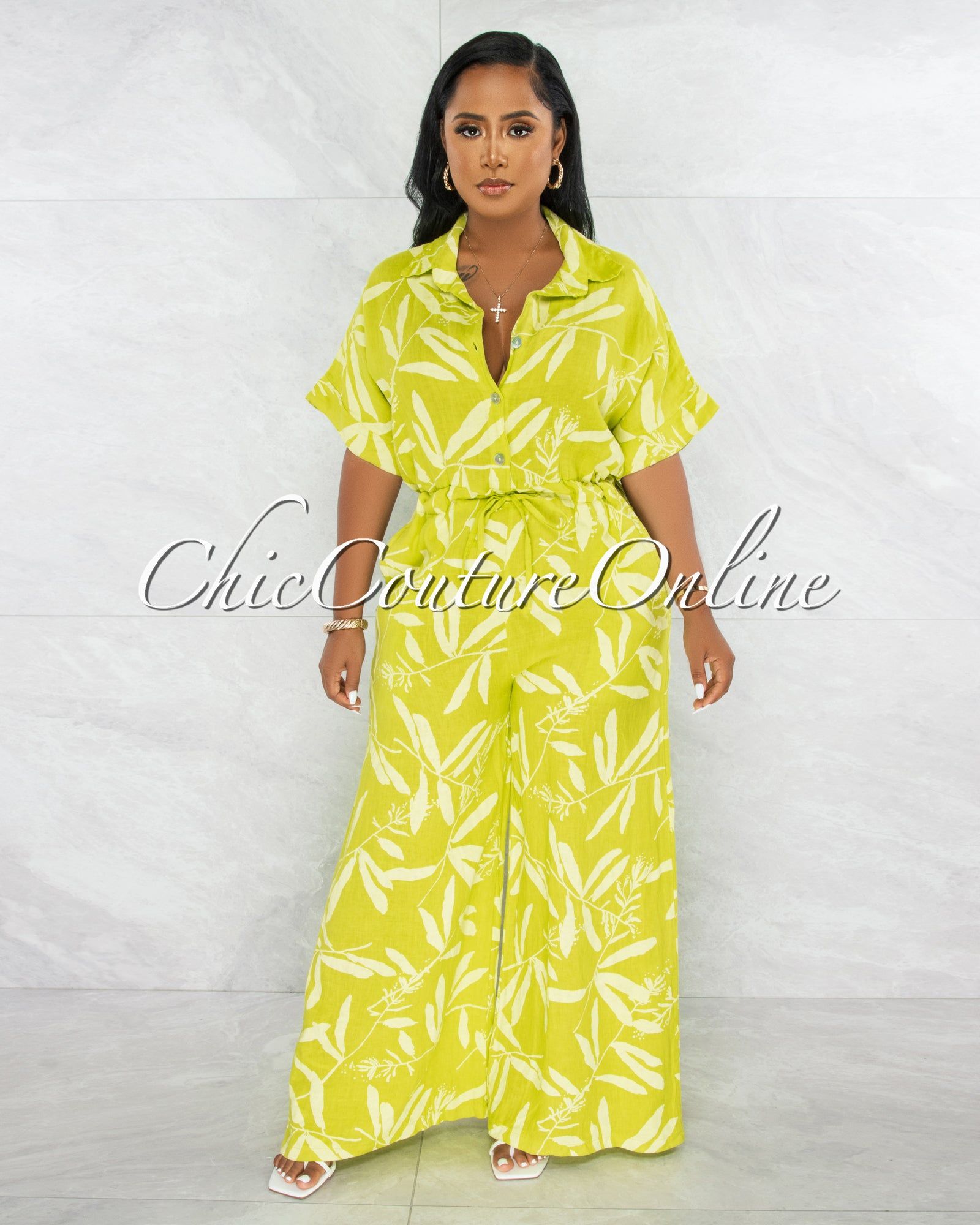*Banley Green Leaf Print Wide Legs LINEN Jumpsuit sold by Chic Couture product image thumbnail 2