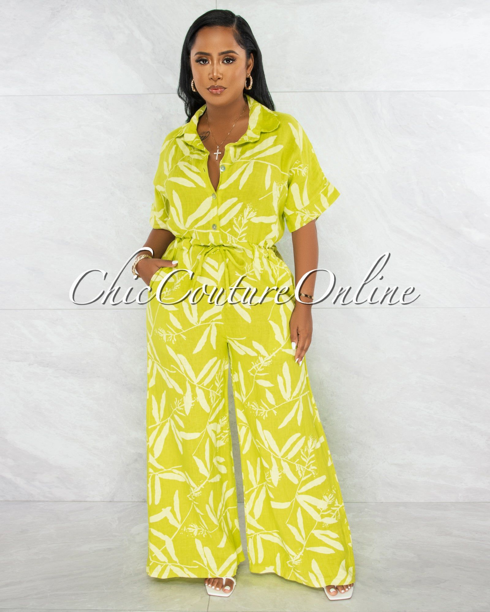 *Banley Green Leaf Print Wide Legs LINEN Jumpsuit sold by Chic Couture