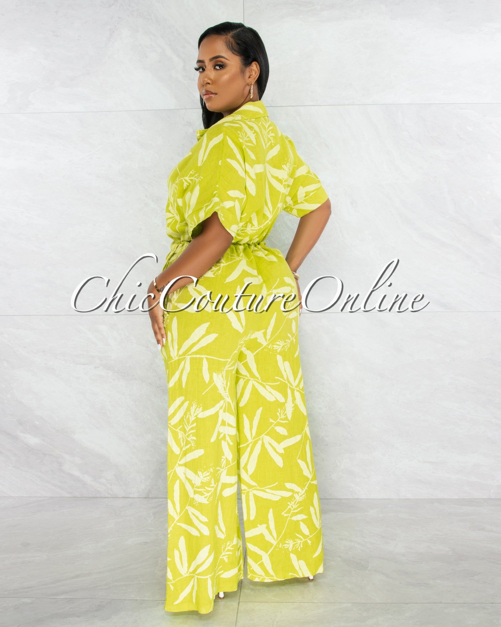 *Banley Green Leaf Print Wide Legs LINEN Jumpsuit sold by Chic Couture product image thumbnail 3