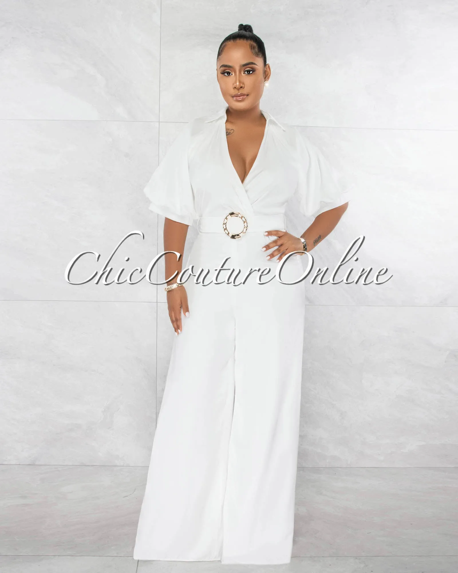 *Garcia Off-White Bubble Sleeves Gold Buckle Belt Silky Jumpsuit sold by Chic Couture