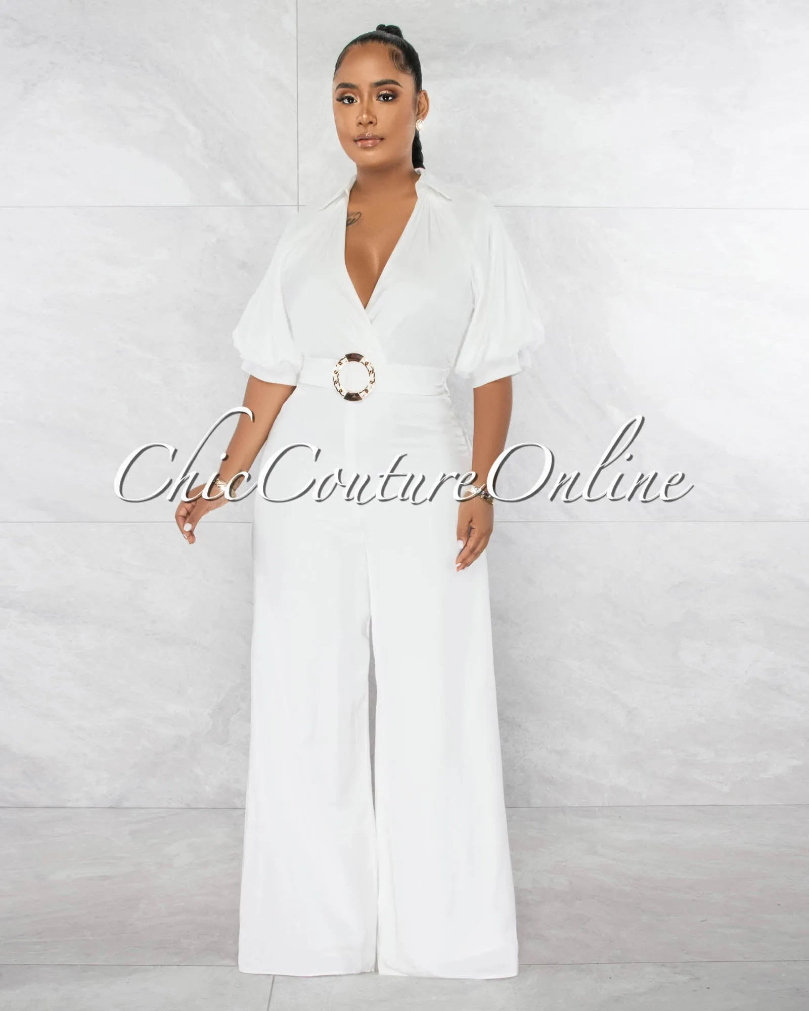 *Garcia Off-White Bubble Sleeves Gold Buckle Belt Silky Jumpsuit sold by Chic Couture product image thumbnail 2