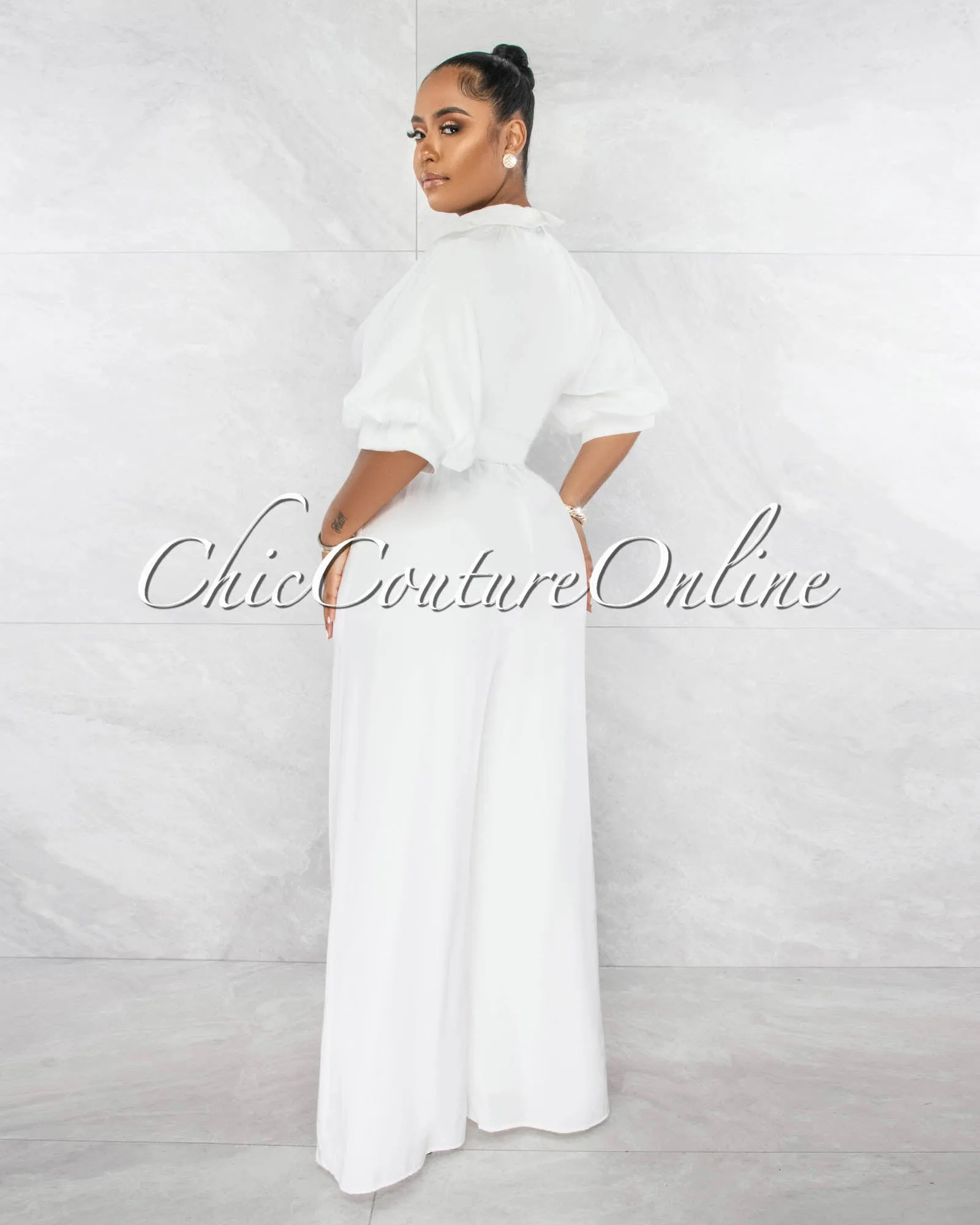 *Garcia Off-White Bubble Sleeves Gold Buckle Belt Silky Jumpsuit sold by Chic Couture product image thumbnail 3